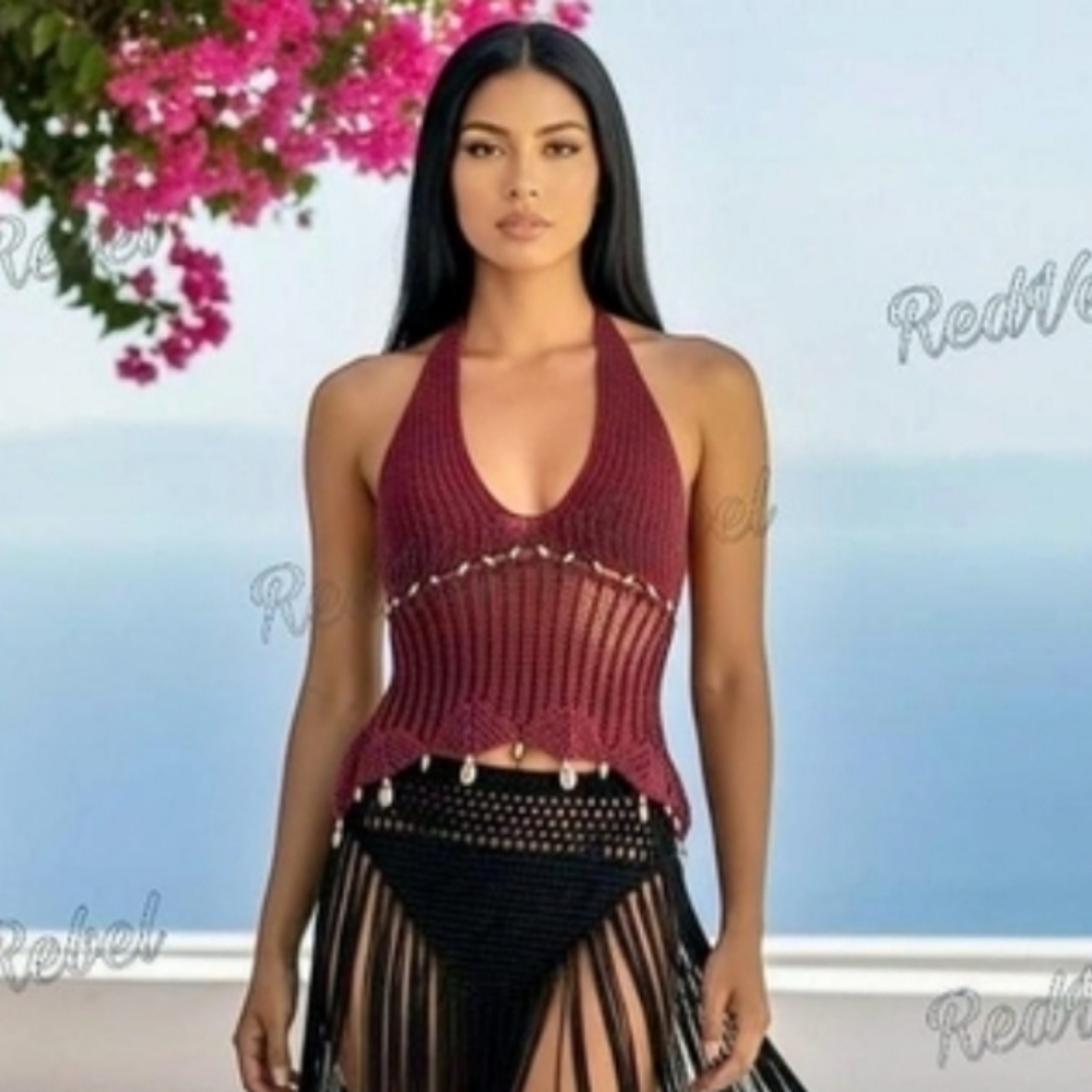 NWT Crochet Knit Beaded Ibiza Festival Beach Backless Halter Top Sz S